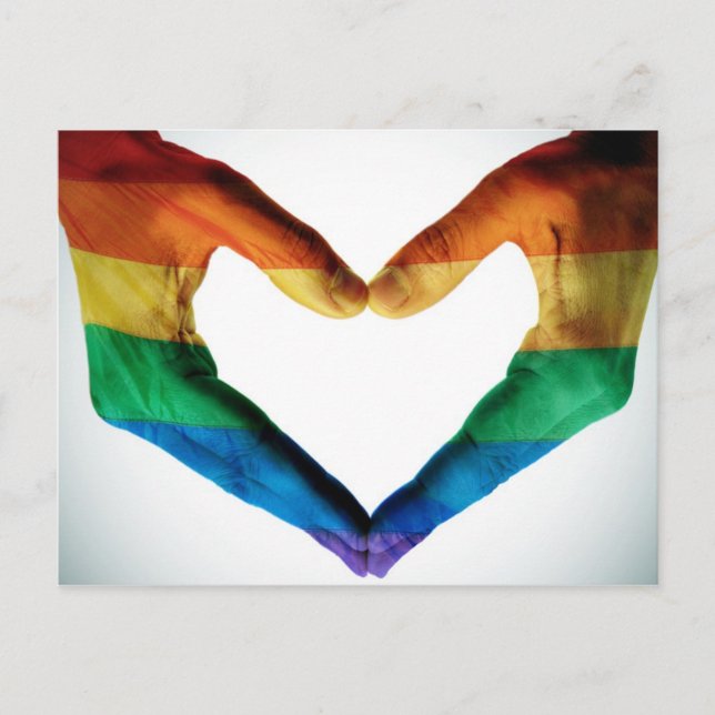 Cartão Postal Mãos Pintadas como Coração Arco-Íris (Frente)