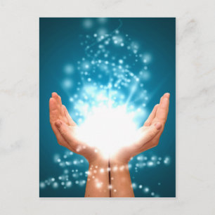 Cartão Postal Mãos verdes para cicatrização chakra Reiki energia