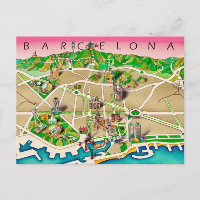 Cartão Postal  Map of Barcelona Spain (Frente)