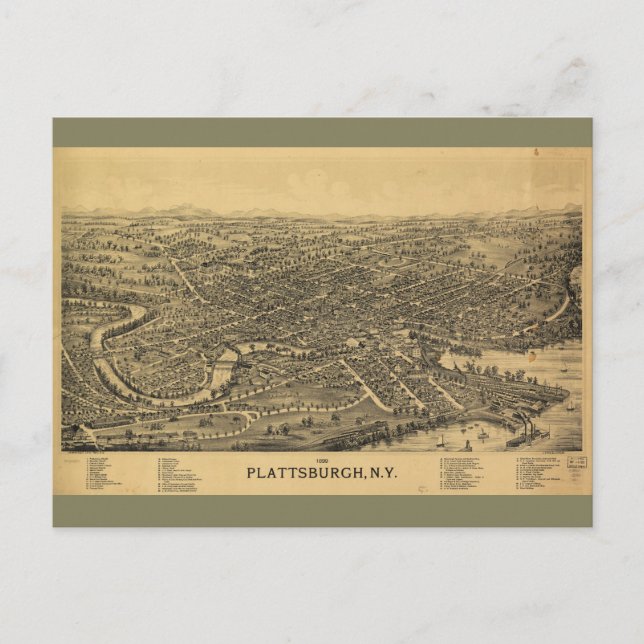 Cartão Postal Mapa Aéreo de Plattsburgh Nova York (1899) (Frente)