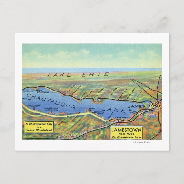 Cartão Postal Mapa aéreo do lago e das cidades circundantes (Frente)