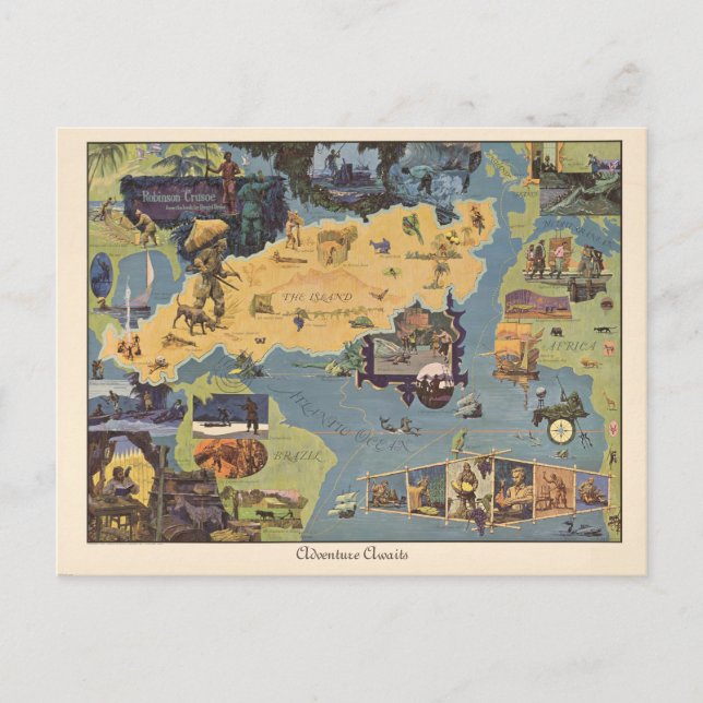 Cartão Postal Mapa Antigo Aventura Robinson Crusoe Espera por Vo (Frente)