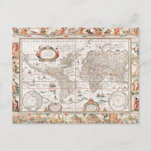 Cartão Postal Mapa Antigo Colorido do Mundo