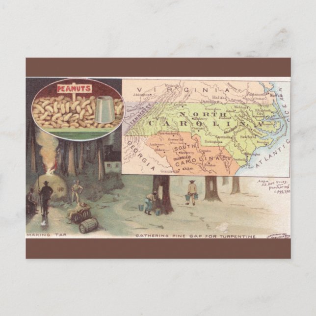 Cartão Postal Mapa Antigo da Carolina do Norte (Frente)