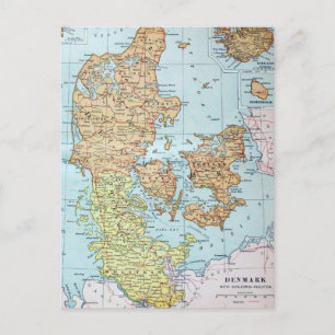 Cartão Postal Mapa Antigo da Dinamarca (1905)