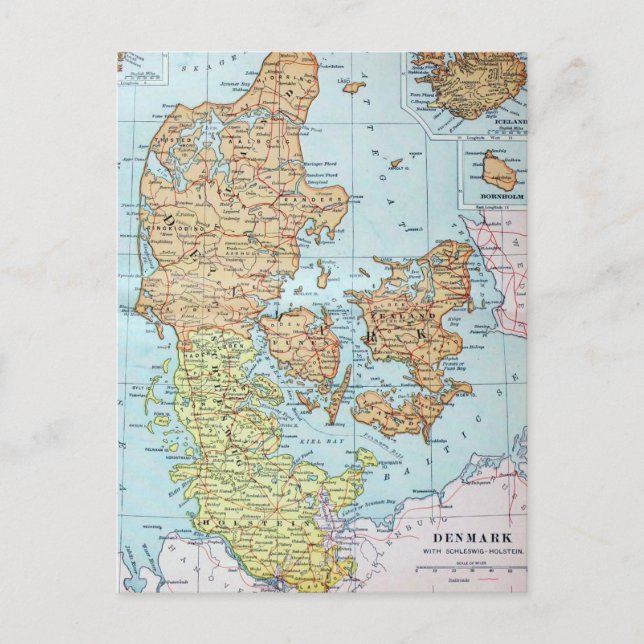 Cartão Postal Mapa Antigo da Dinamarca (1905) (Frente)