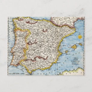 Cartão Postal Mapa antigo da Espanha e Portugal na década de 17