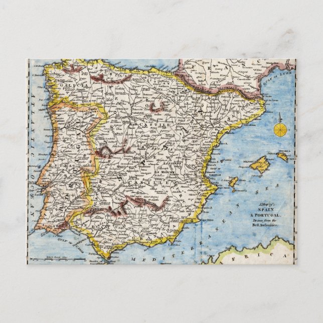 Cartão Postal Mapa antigo da Espanha e Portugal na década de 170 (Frente)