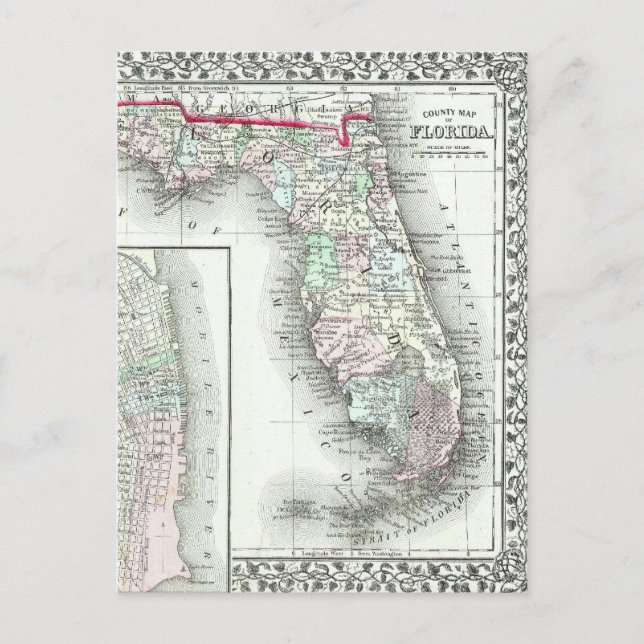 Cartão Postal Mapa antigo da Florida & Mobile, Alabama (Frente)