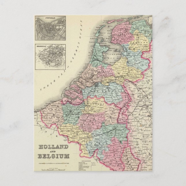 Cartão Postal Mapa Antigo da Holanda e Bélgica (1856) (Frente)