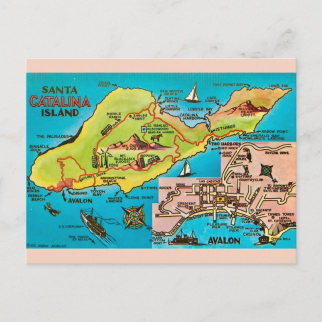 Cartão Postal Mapa Antigo da Ilha de Santa Catalina (Frente)