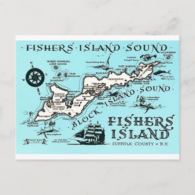 Cartão Postal Mapa Antigo da Ilha Fishers NY (Frente)