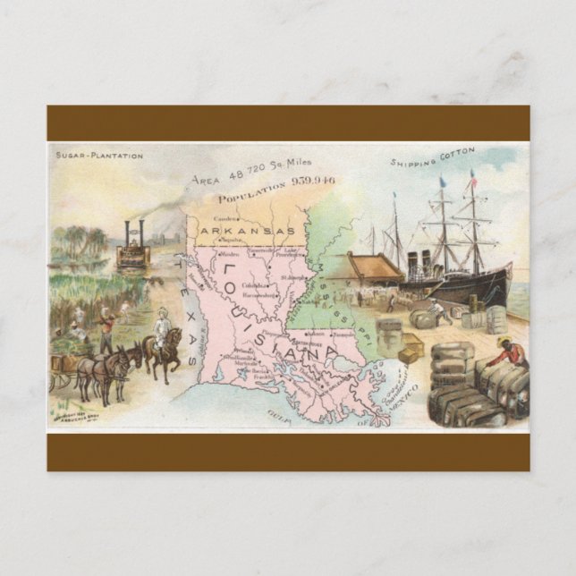 Cartão Postal Mapa Antigo da Louisiana (Frente)