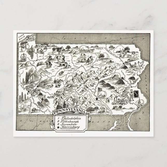 Cartão Postal Mapa Antigo da Pensilvânia  (Frente)