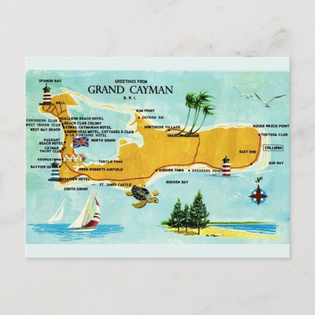 Cartão Postal Mapa Antigo das Ilhas Cayman (Frente)