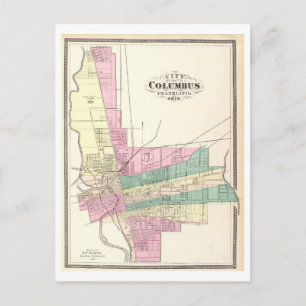 Cartão Postal Mapa Antigo de 1872 de Columbus, Ohio,
