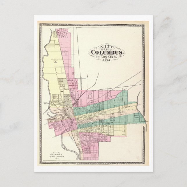 Cartão Postal Mapa Antigo de 1872 de Columbus, Ohio, (Frente)