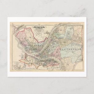 Cartão Postal Mapa Antigo de 1872 de Pittsburgh e Allegheny