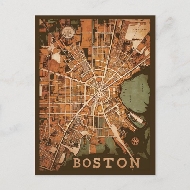 Cartão Postal Mapa Antigo de Boston Massachusetts, Mapa de Bosto (Frente)