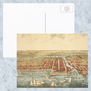 Cartão Postal Mapa Antigo de Chicago, Rua LaSalle e Rio