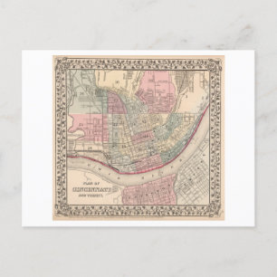 Cartão Postal Mapa antigo de Cincinnati 1868