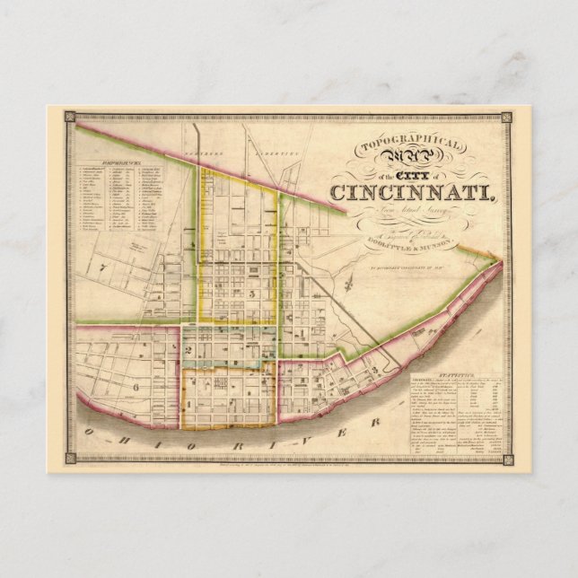Cartão Postal Mapa antigo de Cincinnati Ohio (Frente)