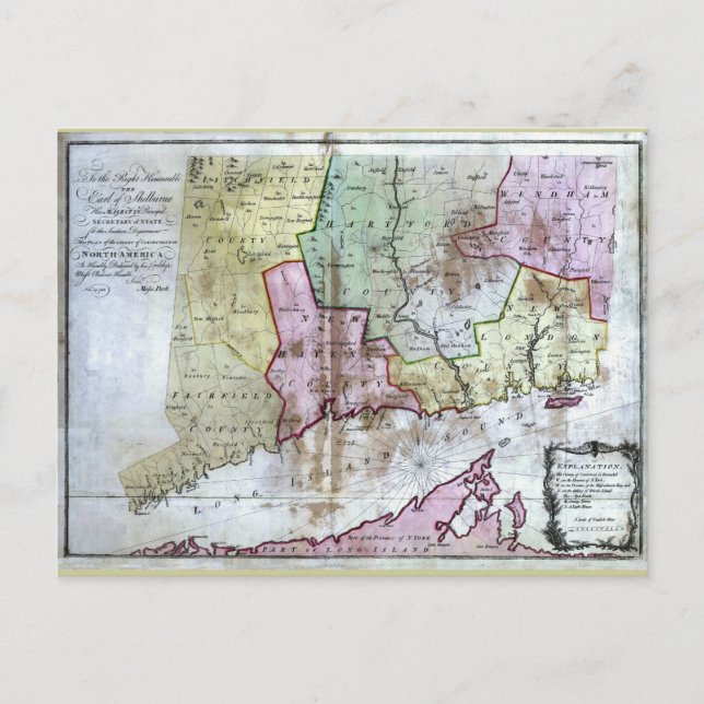 Cartão Postal Mapa antigo de Connecticut 1766 (Frente)