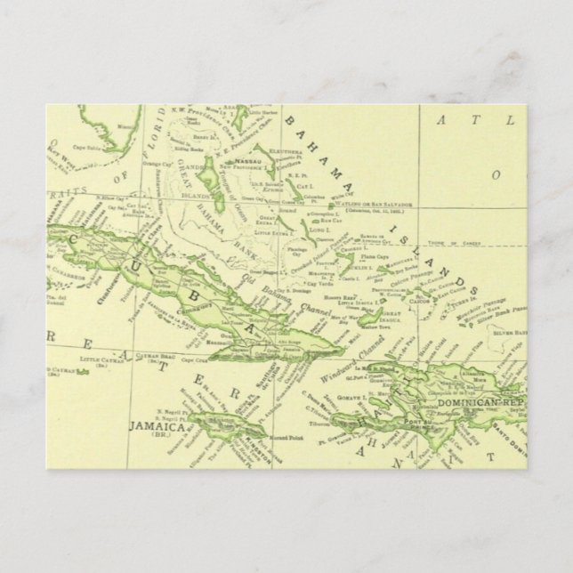 Cartão Postal Mapa Antigo de Cuba, Ilhas do Caribe & Bahamas (Frente)