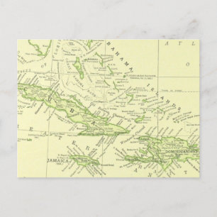 Cartão Postal Mapa Antigo de Cuba, Ilhas do Caribe & Bahamas