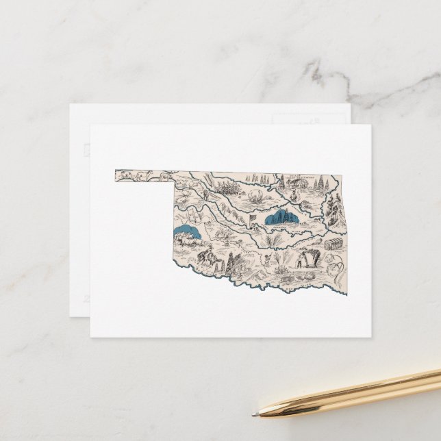 Cartão Postal Mapa Antigo de Fotos Antigas de Oklahoma Mapa do E (Frente/Verso In Situ)