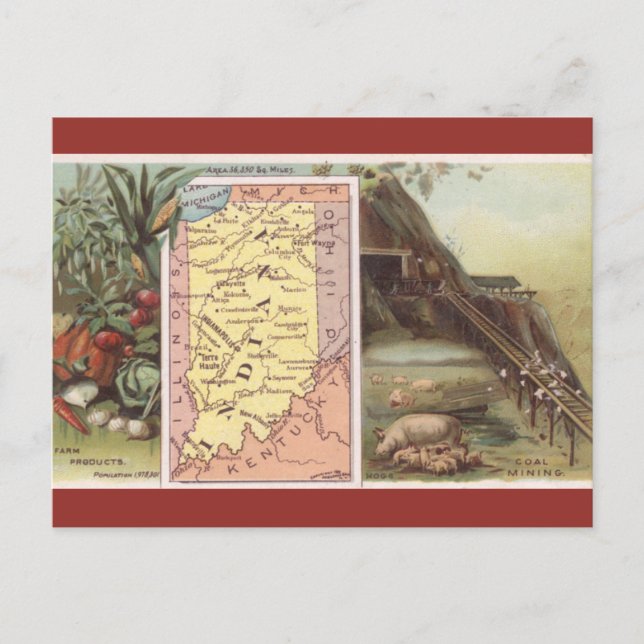 Cartão Postal Mapa Antigo de Indiana (Frente)