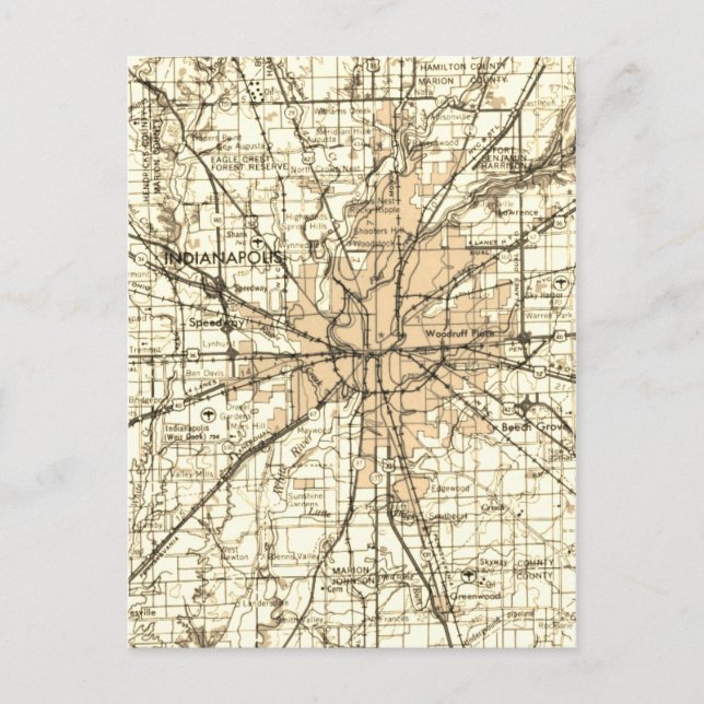 Cartão Postal Mapa Antigo de Indianapolis em Estilo Retrô (Frente)