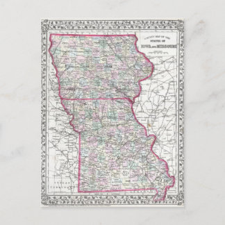 Cartão Postal Mapa antigo de Iowa & Missouri cerca de 1874