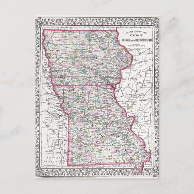Cartão Postal Mapa antigo de Iowa & Missouri cerca de 1874 (Frente)