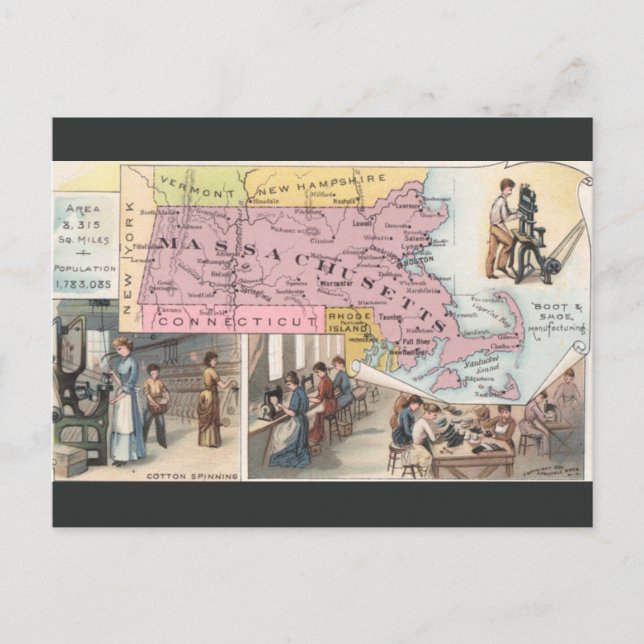 Cartão Postal Mapa Antigo de Massachusetts (Frente)