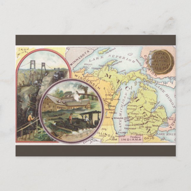 Cartão Postal Mapa Antigo de Michigan (Frente)