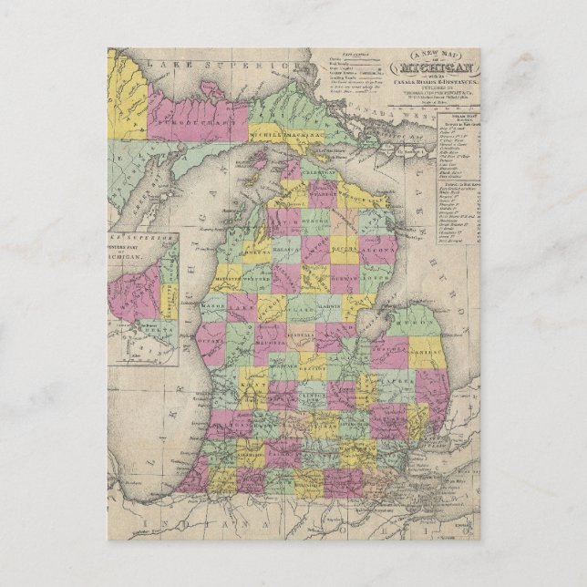 Cartão Postal Mapa Antigo de Michigan (1853) (Frente)
