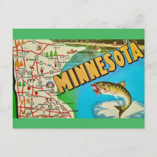 Cartão Postal Mapa Antigo de Minnesota com Peixes