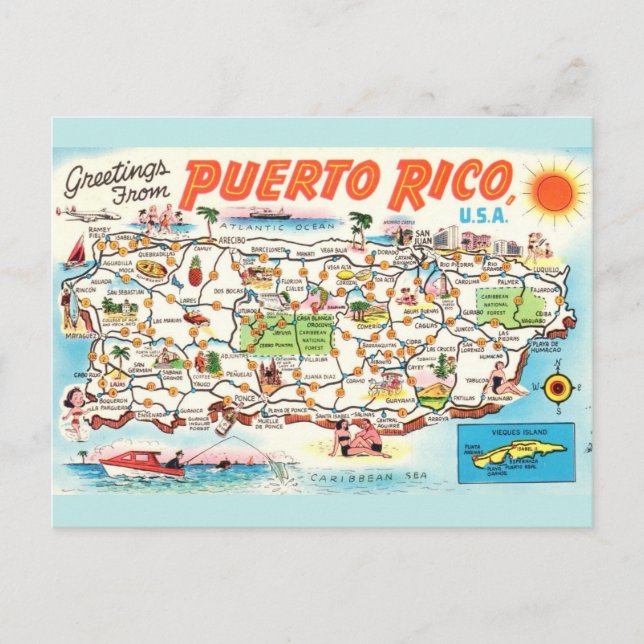 Cartão Postal Mapa Antigo de Porto Rico (Frente)