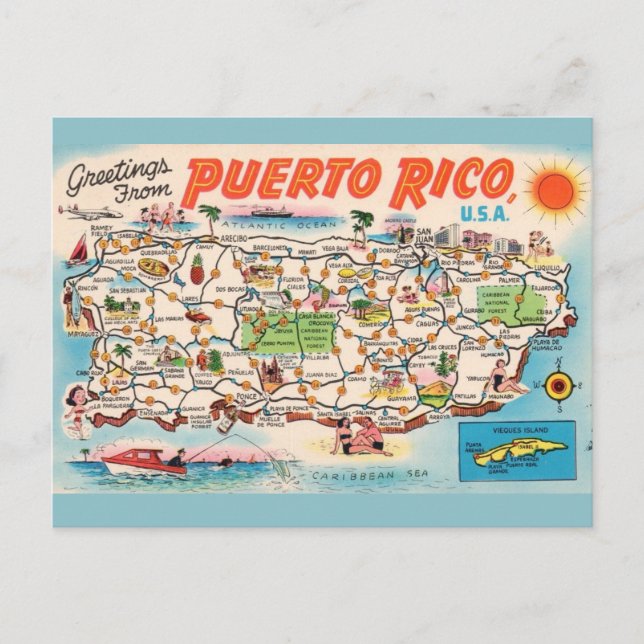 Cartão Postal Mapa Antigo de Porto Rico (Frente)