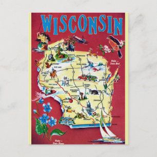 Cartão Postal Mapa Antigo de Wisconsin 