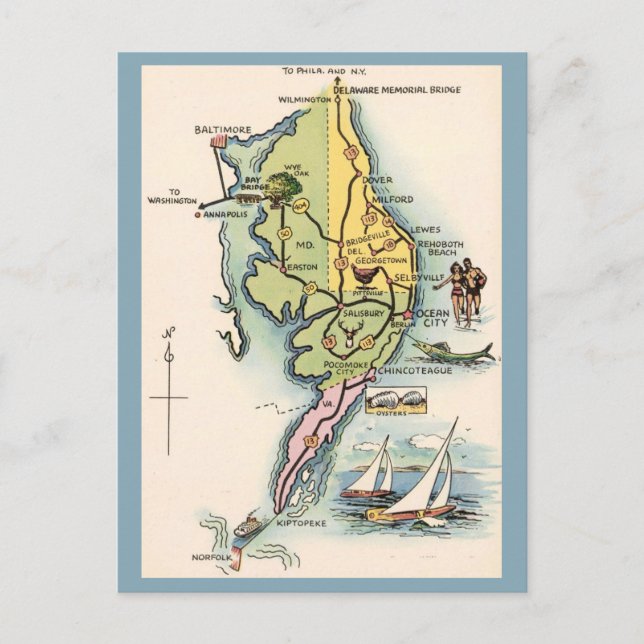 Cartão Postal Mapa Antigo Del-Mar-Va (Frente)