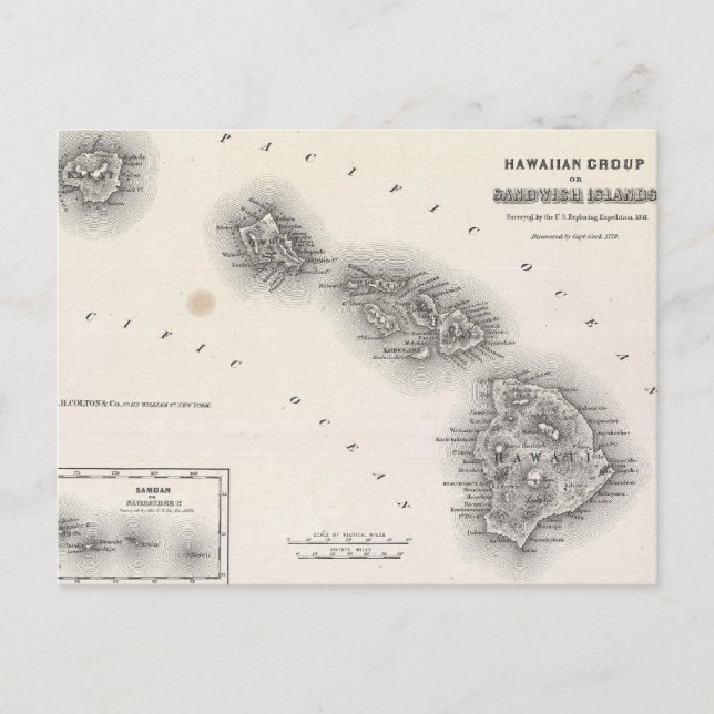 Cartão Postal Mapa Antigo do Havaí e Nova Zelândia (1855) (Frente)