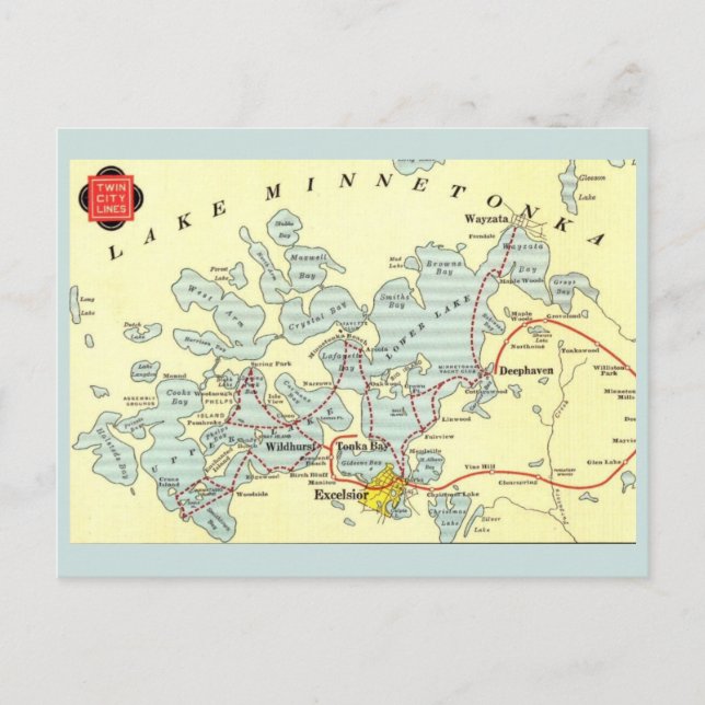 Cartão Postal Mapa Antigo do Lago Minnetonka (Frente)