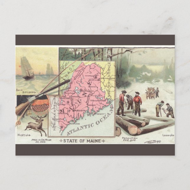 Cartão Postal Mapa Antigo do Maine (Frente)