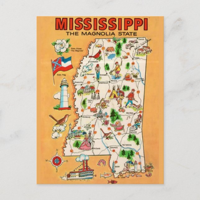 Cartão Postal Mapa Antigo do Mississippi  (Frente)