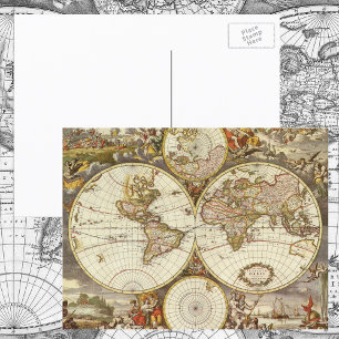 Cartão Postal Mapa Antigo do Mundo, c. 1680. Por Frederick de Wi