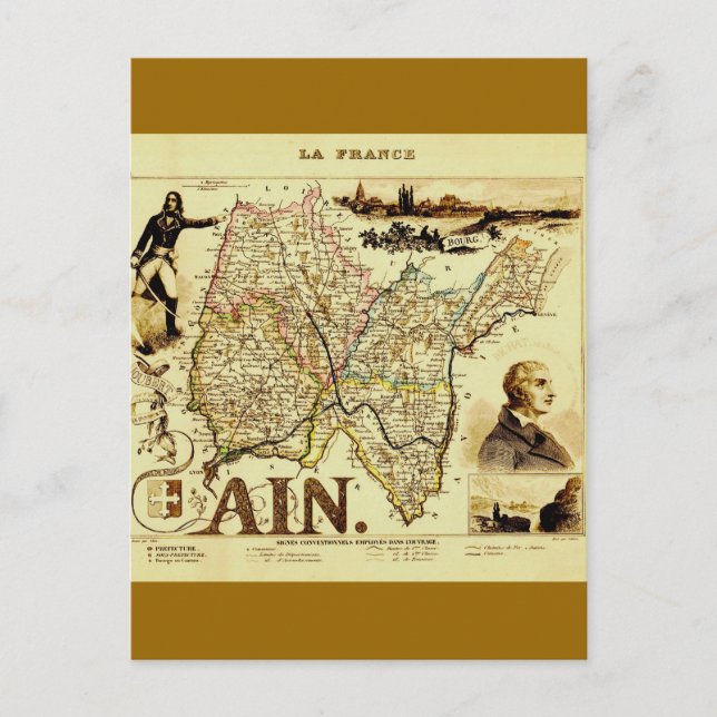Cartão Postal Mapa antigo do século XIX da França Ain (Frente)