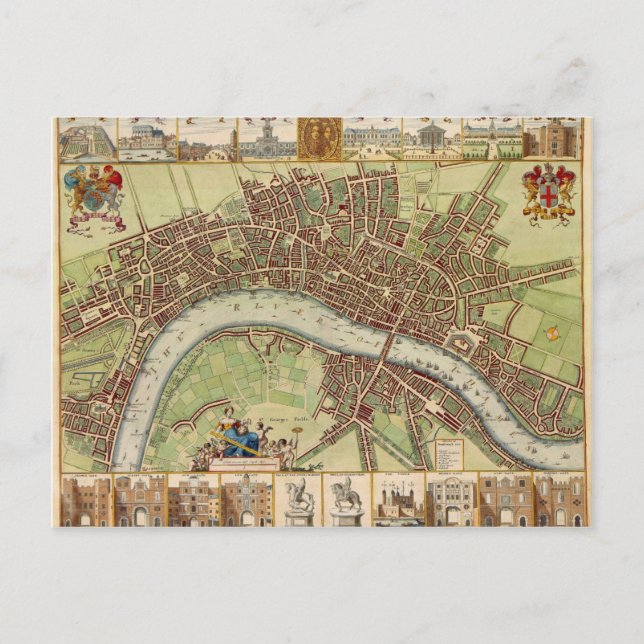 Cartão Postal Mapa antigo do século XVII de Londres W. Hollar (Frente)
