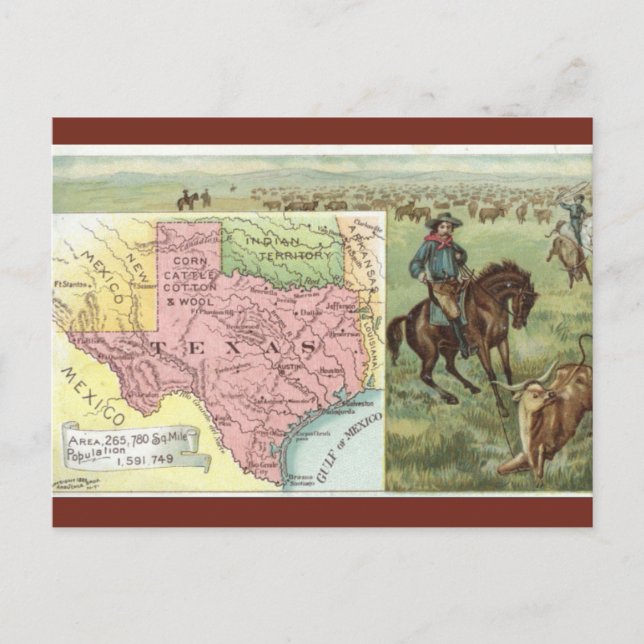 Cartão Postal Mapa Antigo do Texas (Frente)